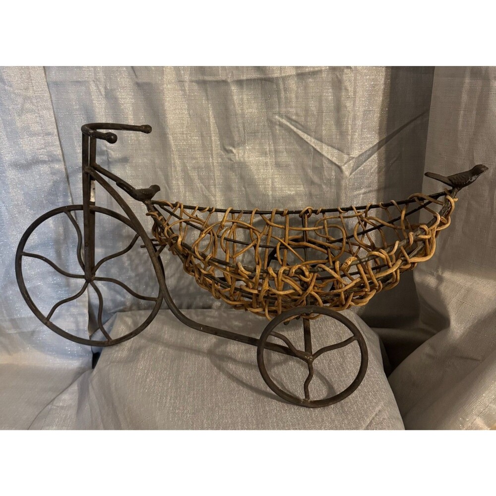 Vintage Wrought Iron Bicycle Plant Stand Decorative Metal & Wicker Tricycle Bird